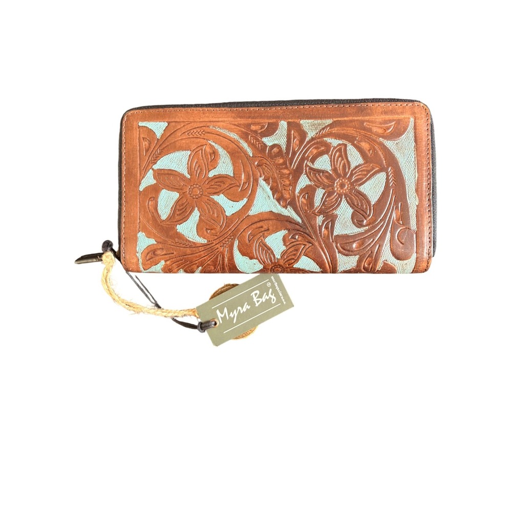 Myra Wallet Brown Teal Leather Floral Festival Western Accessories Zip Closure